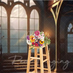 Aperturee - Aperturee Vintage Gothic Window View Photography Backdrop Mountain Landscape Old Room Background Fantasy Architecture Photo Prop