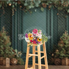 Aperturee - Aperturee Vintage Green Wall Christmas Backdrop Gold Lattice Lanterns Photography Background