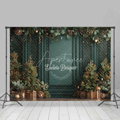 Aperturee - Aperturee Vintage Green Wall Christmas Backdrop Gold Lattice Lanterns Photography Background