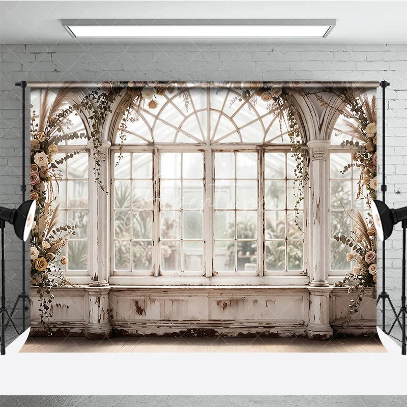 Aperturee - Aperturee Vintage Greenhouse Arched Window Photography Backdrop Floral Roses and Pampas Grass Rustic White Wedding Portrait