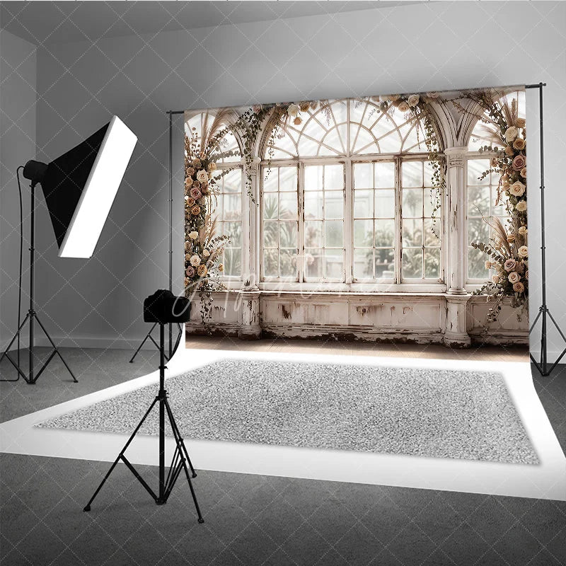 Aperturee - Aperturee Vintage Greenhouse Arched Window Photography Backdrop Floral Roses and Pampas Grass Rustic White Wedding Portrait