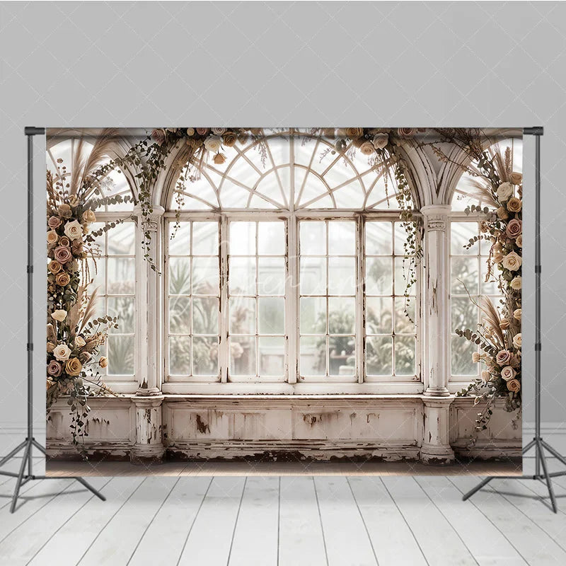 Aperturee - Aperturee Vintage Greenhouse Arched Window Photography Backdrop Floral Roses and Pampas Grass Rustic White Wedding Portrait