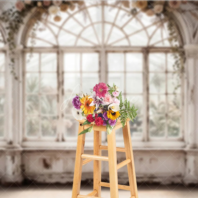 Aperturee - Aperturee Vintage Greenhouse Arched Window Photography Backdrop Floral Roses and Pampas Grass Rustic White Wedding Portrait