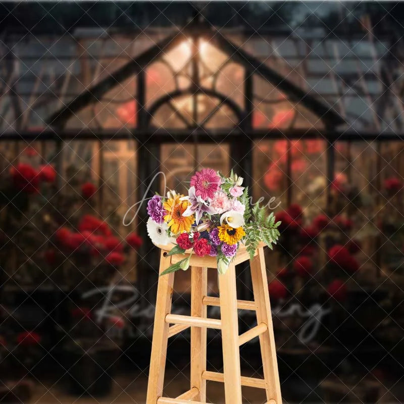Aperturee - Aperturee Vintage Greenhouse Rose Photography Backdrop Rainy Garden Glass House Floral Photo Background Romantic Valentine
