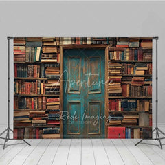 Aperturee - Aperturee Vintage Library Book Backdrop Old Study Room Blue Door Photography Background Antique Bookshelf Photo Booth Prop