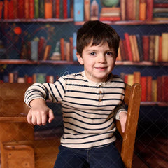 Aperturee - Aperturee Vintage Library Book Backdrop Old Study Room Blue Door Photography Background Antique Bookshelf Photo Booth Prop