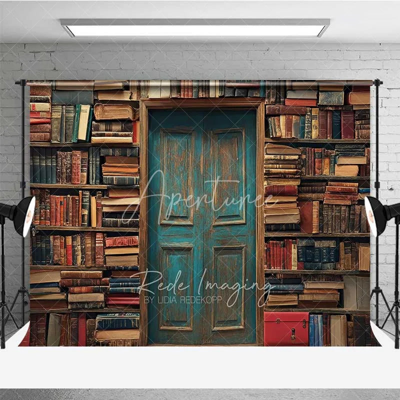 Aperturee - Aperturee Vintage Library Book Backdrop Old Study Room Blue Door Photography Background Antique Bookshelf Photo Booth Prop