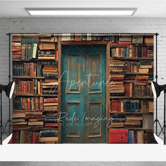 Aperturee - Aperturee Vintage Library Book Backdrop Old Study Room Blue Door Photography Background Antique Bookshelf Photo Booth Prop
