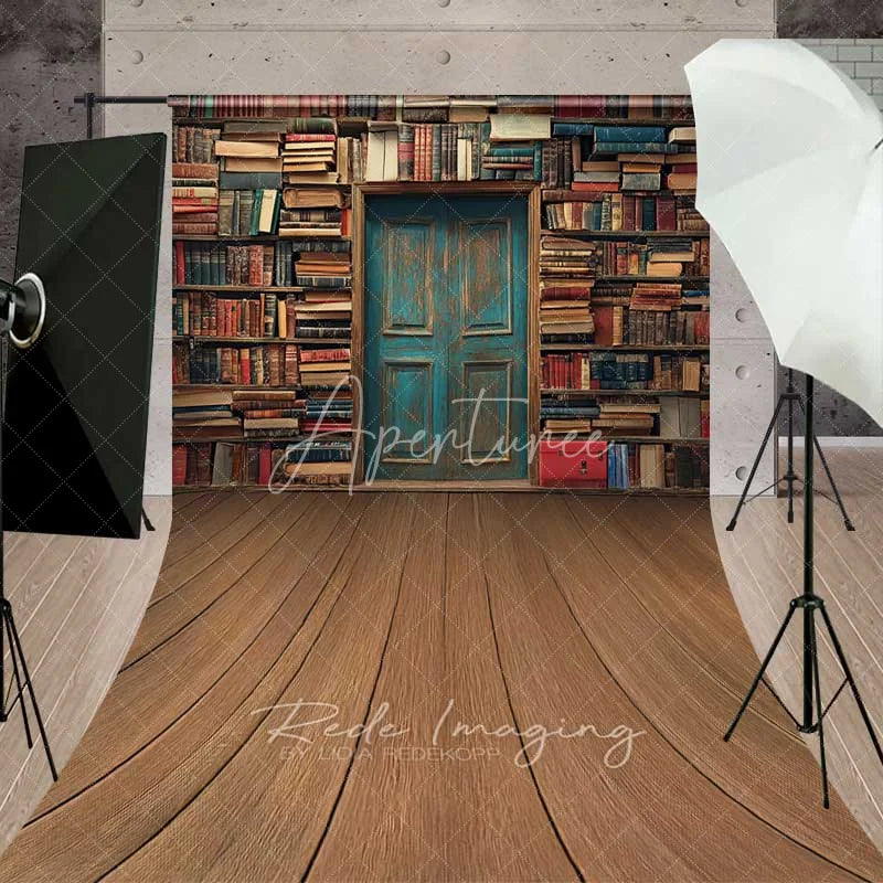 Aperturee - Aperturee Vintage Library Book Sweep Photo Backdrop Old Study Room Blue Door Background Antique Bookshelf Floor Prop
