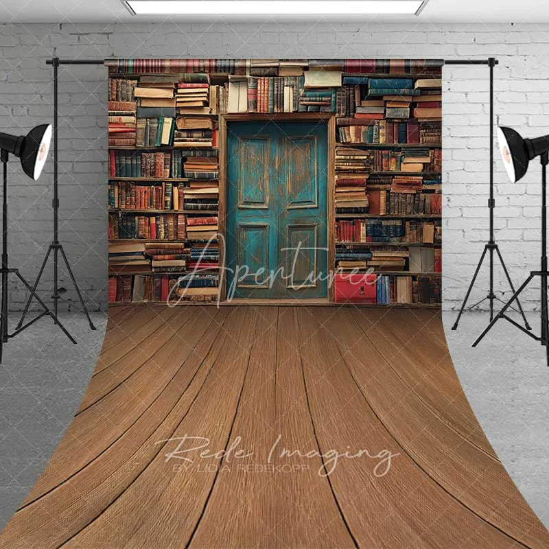 Aperturee - Aperturee Vintage Library Book Sweep Photo Backdrop Old Study Room Blue Door Background Antique Bookshelf Floor Prop