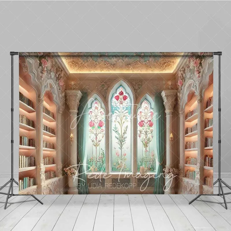 Aperturee - Aperturee Vintage Library Photography Backdrop Floral Stained Glass Window Bookshelves Background Fantasy Study Room Prop