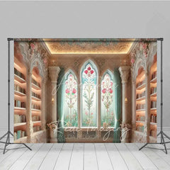 Aperturee - Aperturee Vintage Library Photography Backdrop Floral Stained Glass Window Bookshelves Background Fantasy Study Room Prop