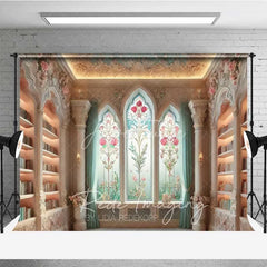 Aperturee - Aperturee Vintage Library Photography Backdrop Floral Stained Glass Window Bookshelves Background Fantasy Study Room Prop
