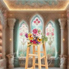 Aperturee - Aperturee Vintage Library Photography Backdrop Floral Stained Glass Window Bookshelves Background Fantasy Study Room Prop