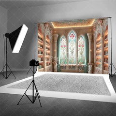 Aperturee - Aperturee Vintage Library Photography Backdrop Floral Stained Glass Window Bookshelves Background Fantasy Study Room Prop