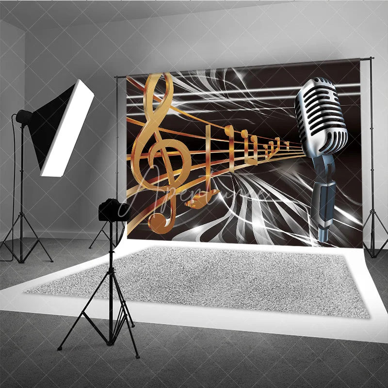 Aperturee - Aperturee Vintage Microphone Backdrop Music Theme Golden Notes Party Supplies for Singing Stage