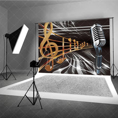 Aperturee - Aperturee Vintage Microphone Backdrop Music Theme Golden Notes Party Supplies for Singing Stage