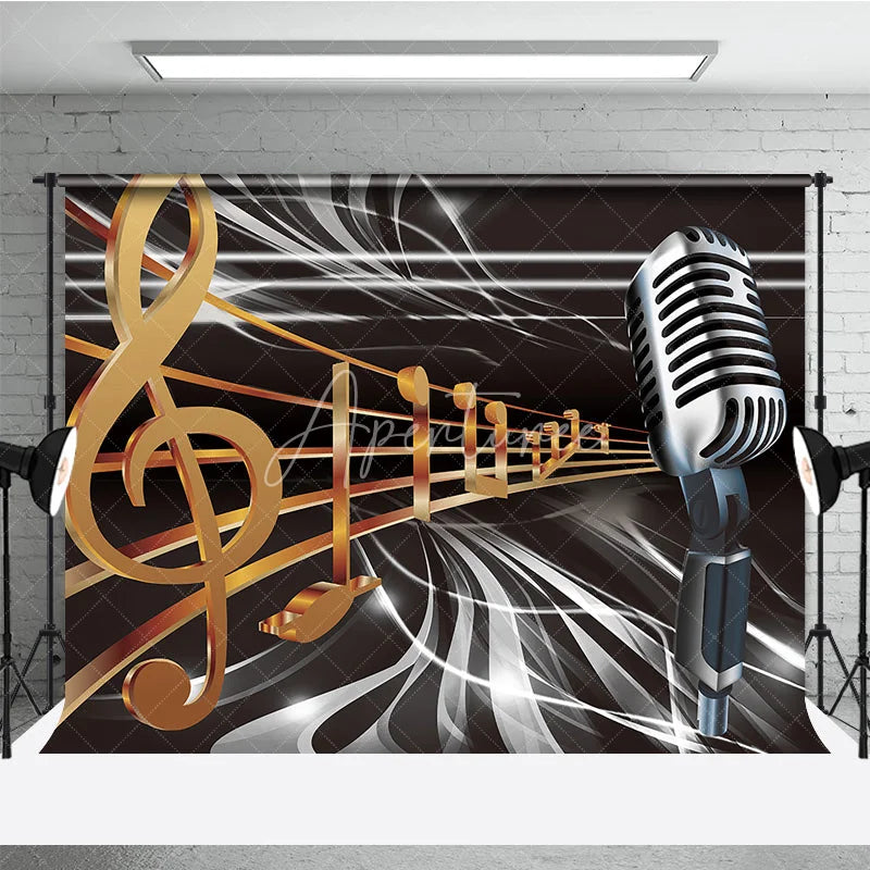 Aperturee - Aperturee Vintage Microphone Backdrop Music Theme Golden Notes Party Supplies for Singing Stage