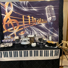 Aperturee - Aperturee Vintage Microphone Backdrop Music Theme Golden Notes Party Supplies for Singing Stage
