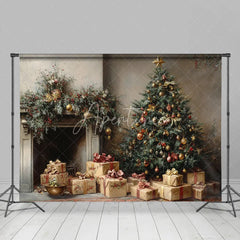 Aperturee - Aperturee Vintage Oil Painting Christmas Backdrop Classic Tree Gift Box Background Antique Fireplace Holiday Portrait Prop