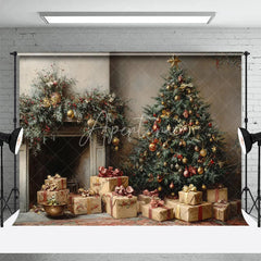 Aperturee - Aperturee Vintage Oil Painting Christmas Backdrop Classic Tree Gift Box Background Antique Fireplace Holiday Portrait Prop