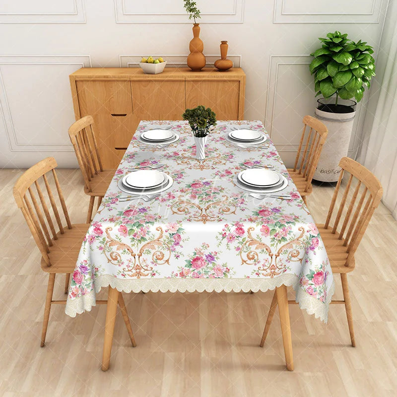 Aperturee - Aperturee Vintage Pink Rose Floral Rectangle Tablecloth Gold Scroll Dining Table Cover for Wedding
