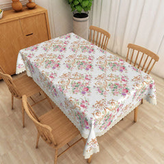 Aperturee - Aperturee Vintage Pink Rose Floral Rectangle Tablecloth Gold Scroll Dining Table Cover for Wedding