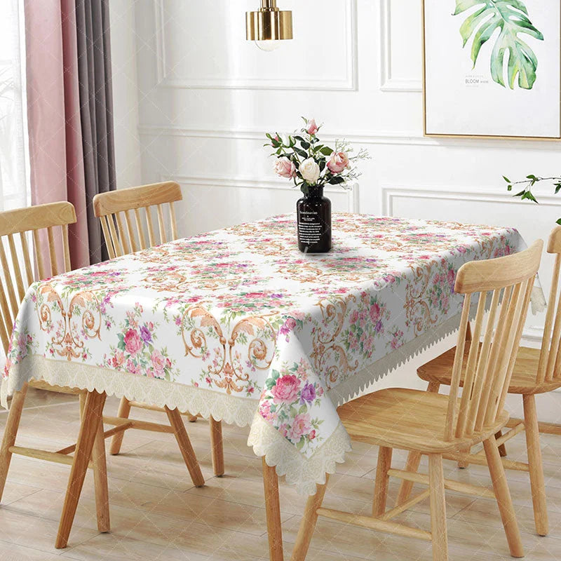 Aperturee - Aperturee Vintage Pink Rose Floral Rectangle Tablecloth Gold Scroll Dining Table Cover for Wedding
