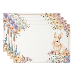 Aperturee - Aperturee Vintage Purple Floral Rabbit Set of 4 Placemats Easter Bunny Spring Table Mats for Dining Room
