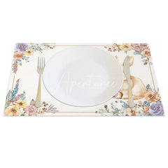 Aperturee - Aperturee Vintage Purple Floral Rabbit Set of 4 Placemats Easter Bunny Spring Table Mats for Dining Room