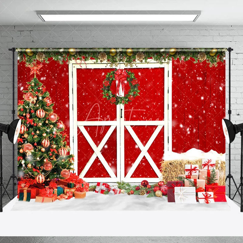 Aperturee - Aperturee Vintage Red Door Wreath Christmas Party Backdrop