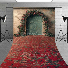 Aperturee - Aperturee Vintage Red Rug Christmas Sweep Backdrop Berry Garland Arch Grunge Wall Floor Photo Background