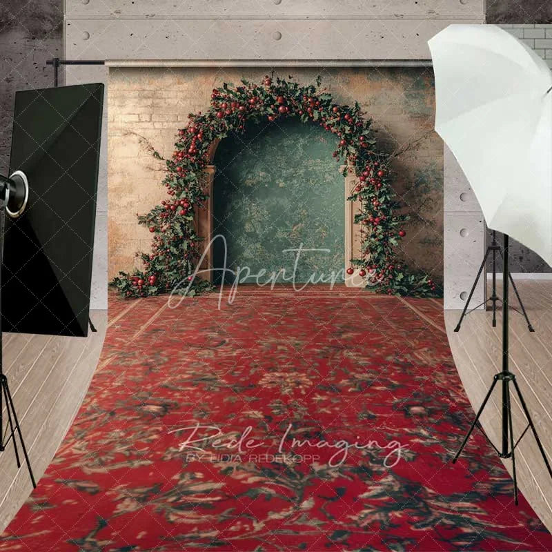 Aperturee - Aperturee Vintage Red Rug Christmas Sweep Backdrop Berry Garland Arch Grunge Wall Floor Photo Background