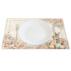 Aperturee - Aperturee Vintage Rose Easter Bunny Set of 4 Placemats Pink Floral Rabbit Egg Table Mats for Spring