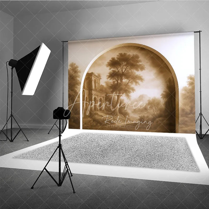 Aperturee - Aperturee Vintage Sepia Landscape Photography Backdrop with Arched Frame Classical Ruins and Misty Trees for Studio Portraits