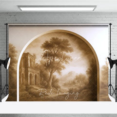 Aperturee - Aperturee Vintage Sepia Landscape Photography Backdrop with Arched Frame Classical Ruins and Misty Trees for Studio Portraits