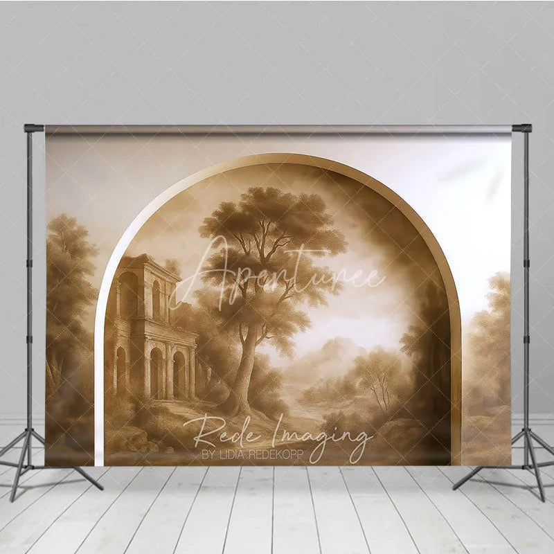 Aperturee - Aperturee Vintage Sepia Landscape Photography Backdrop with Arched Frame Classical Ruins and Misty Trees for Studio Portraits