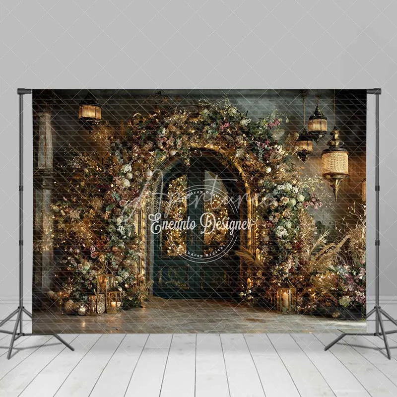 Aperturee - Aperturee Vintage Stone Arch Christmas Backdrop Hanging Lantern Floral Photography Background