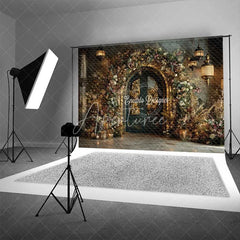 Aperturee - Aperturee Vintage Stone Arch Christmas Backdrop Hanging Lantern Floral Photography Background