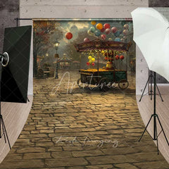 Aperturee - Aperturee Vintage Street Scene Sweep Backdrop Autumn Balloon Cart Cobblestone Photo Background