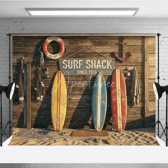 Aperturee - Aperturee Vintage Surf Shack Photography Backdrop with Wooden Wall Surfboards and Beach Sand for Summer Party