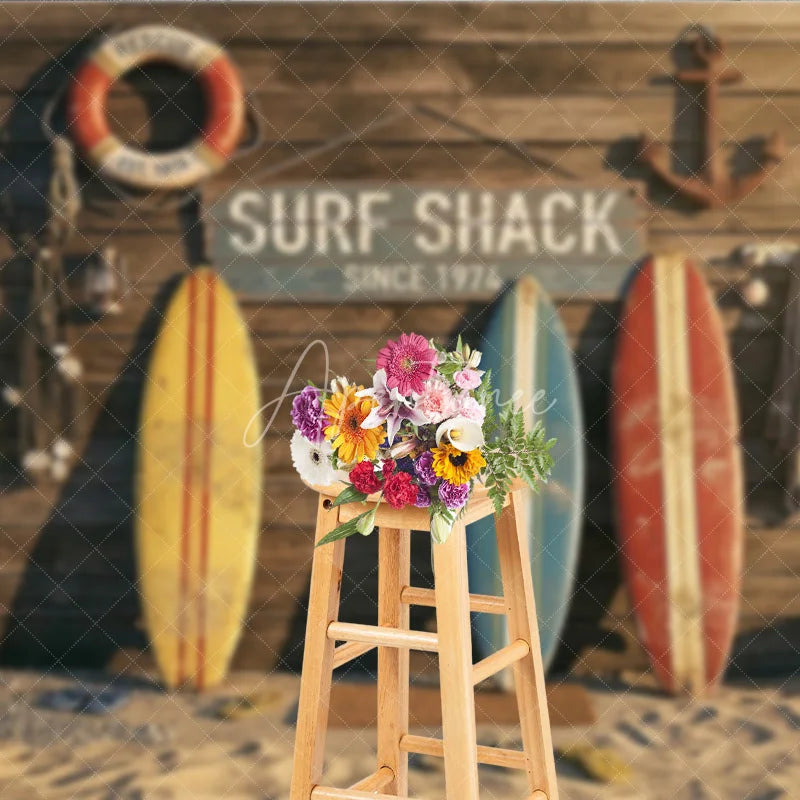 Aperturee - Aperturee Vintage Surf Shack Photography Backdrop with Wooden Wall Surfboards and Beach Sand for Summer Party