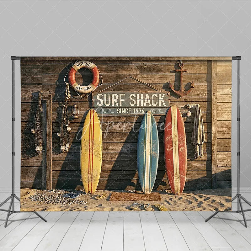 Aperturee - Aperturee Vintage Surf Shack Photography Backdrop with Wooden Wall Surfboards and Beach Sand for Summer Party