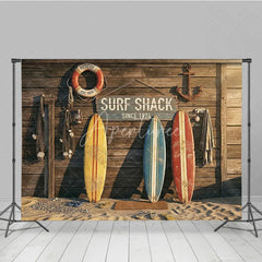 Aperturee - Aperturee Vintage Surf Shack Photography Backdrop with Wooden Wall Surfboards and Beach Sand for Summer Party
