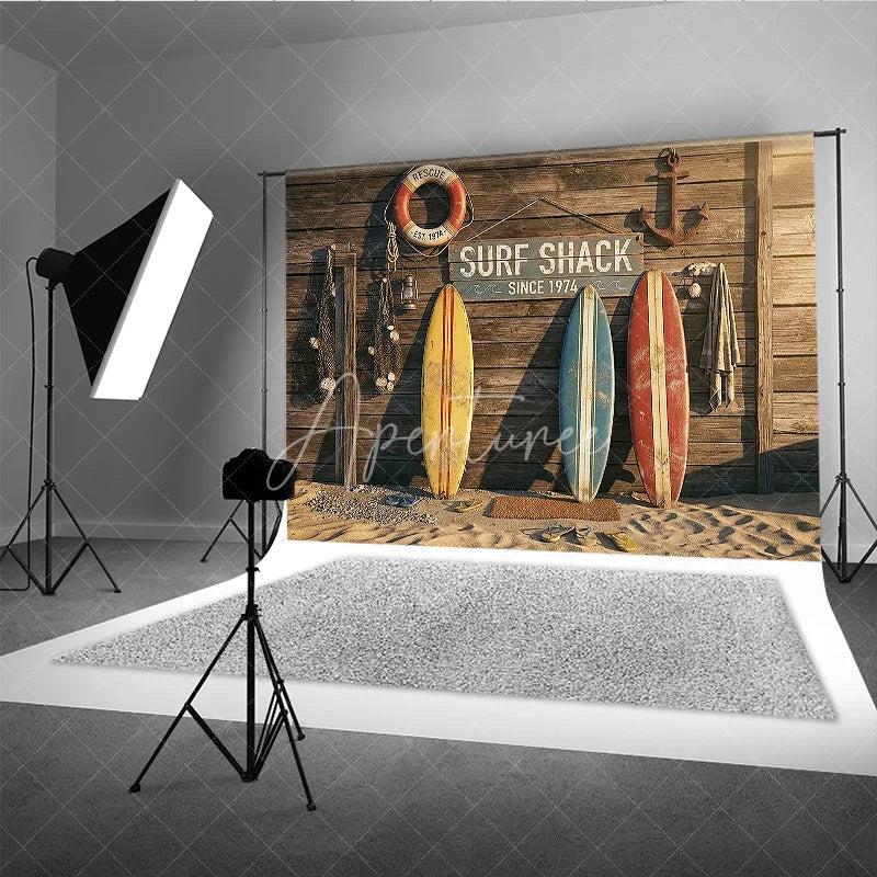 Aperturee - Aperturee Vintage Surf Shack Photography Backdrop with Wooden Wall Surfboards and Beach Sand for Summer Party