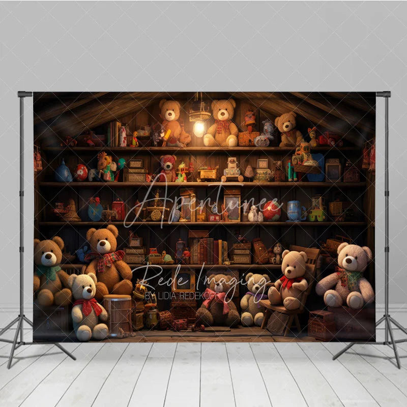 Aperturee - Aperturee Vintage Toy Shop Birthday Cake Smash Backdrop Rustic Wooden Shelves Teddy Bear Background Kids Photography