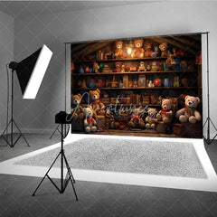 Aperturee - Aperturee Vintage Toy Shop Birthday Cake Smash Backdrop Rustic Wooden Shelves Teddy Bear Background Kids Photography