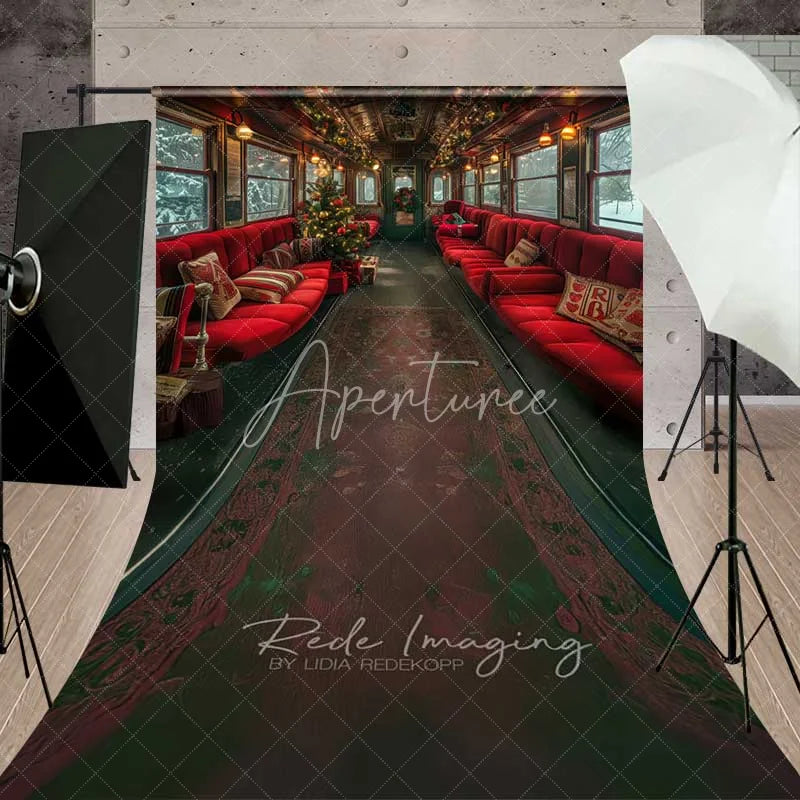 Aperturee - Aperturee Vintage Train Journey Sweep Backdrop Red Seats Carpet Runner Snowy Window Interior Photo Background