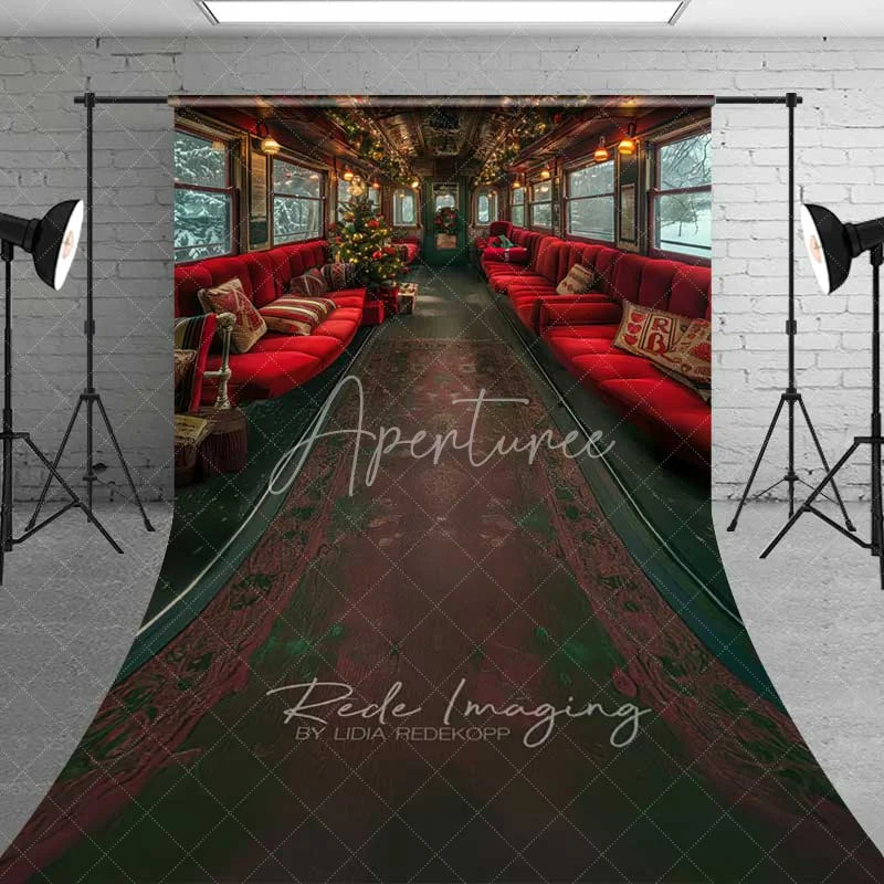 Aperturee - Aperturee Vintage Train Journey Sweep Backdrop Red Seats Carpet Runner Snowy Window Interior Photo Background