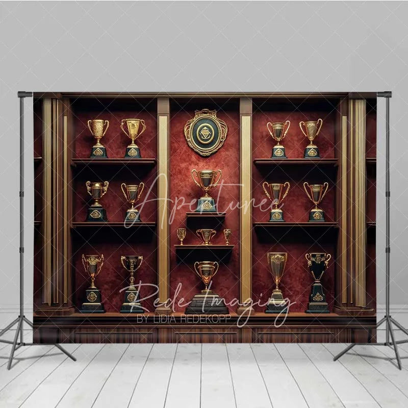 Aperturee - Aperturee Vintage Trophy Cabinet Shelf Photography Backdrop Gold Cup Champion Award Background